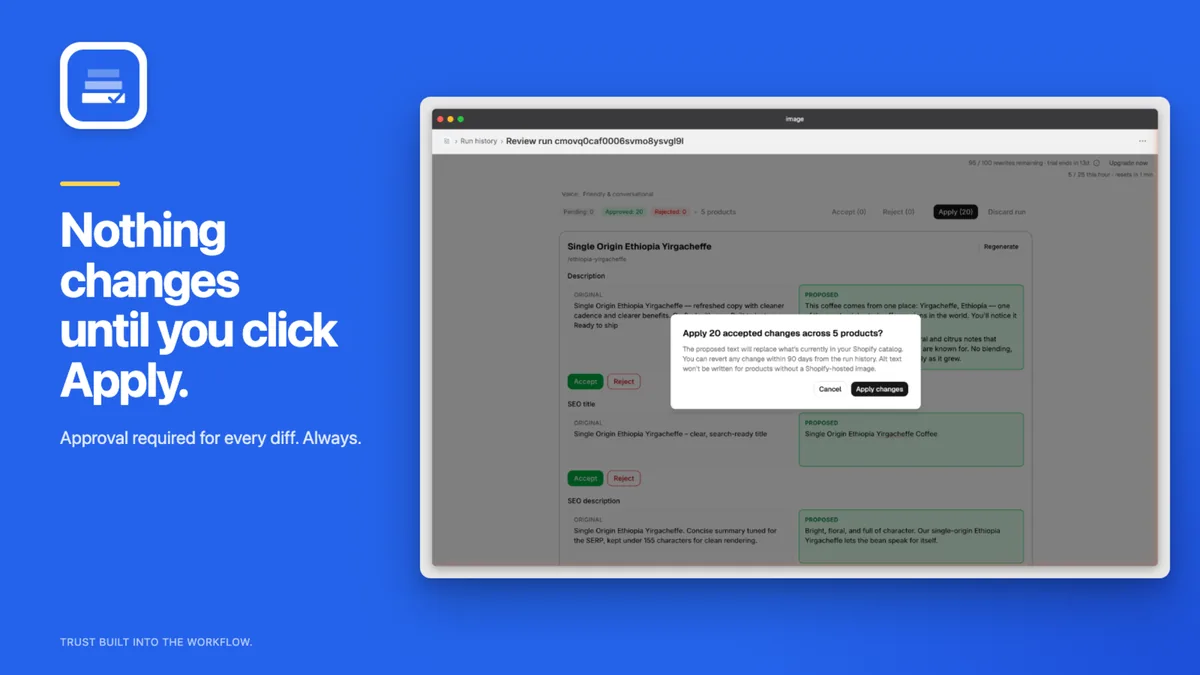 Confirmation dialog listing accepted changes before anything is written to the live Shopify catalog